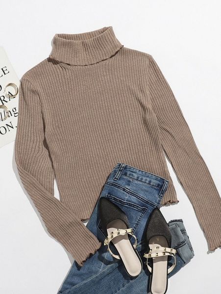 

turtle neck lettuce trim rib-knit tee t5yz#, White