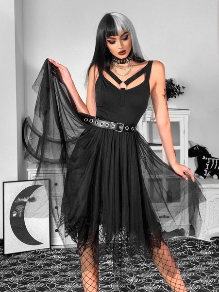 

ring linked eyelash lace panel mesh hem dress without belt 596j#, Black;gray