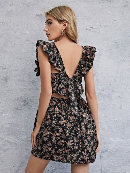 

square neck ruffle trim floral dress 37ng#, Black;gray
