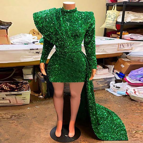 

shiny green long sleeve sequin prom dresses 2022 with train high neck bling short cocktail party dress black girls evening african women rob
