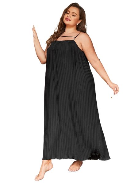 

plus solid pleated slip dress 98pk#, Black;white