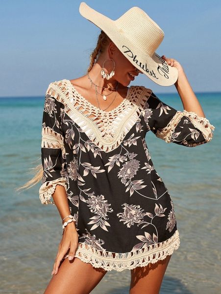 

plant print open stitch cover up d5vx#, White;black