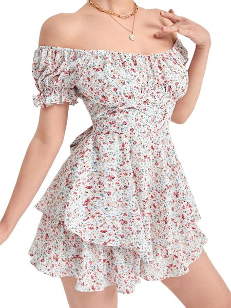 

ditsy floral print layered hem romper r4yw#, Black;white
