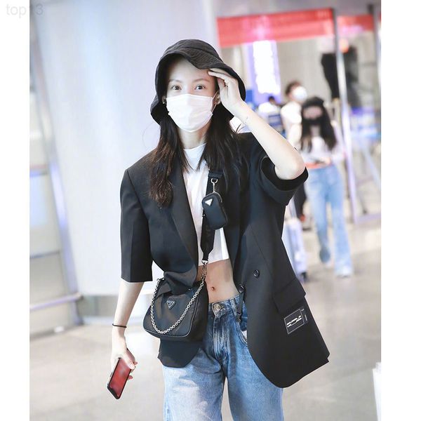 

women's suits & blazers designer we11 jinchen cai xukun's same style black short sleeved suit with side buckle gx2427 9gci, White;black