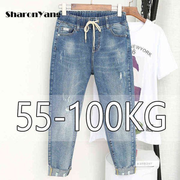 

autumn large size velvet jeans women elastic high waist for women ripped pants female 100kg loose harem plus 221225, Blue