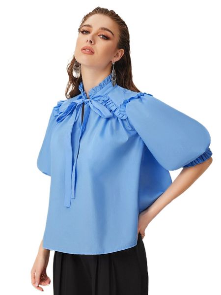 

tie neck frill trim lantern sleeve o3nx#, White