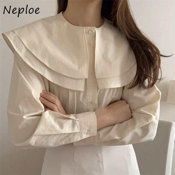 

neploe double peter pan collar chic pleated shirt solid color all-match single breasted women blouse long sleeve femme blusas 210226, Black;gray