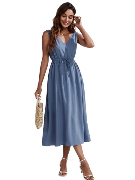 

solid tie front sleeveless dress d7uv#, Black;gray