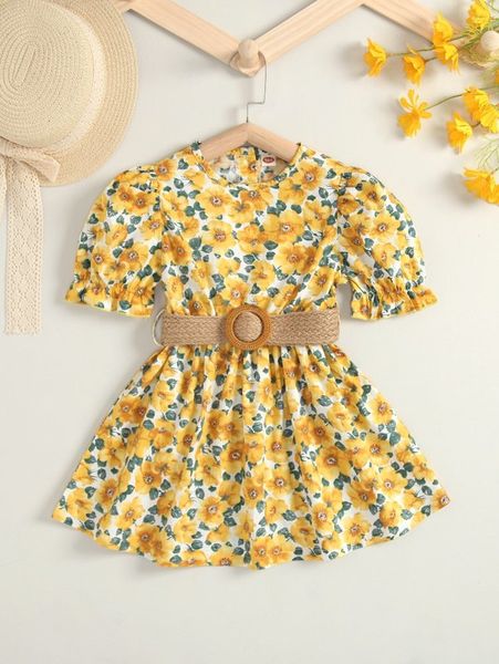 

toddler girls allover floral print puff sleeve button back dress she, Red;yellow