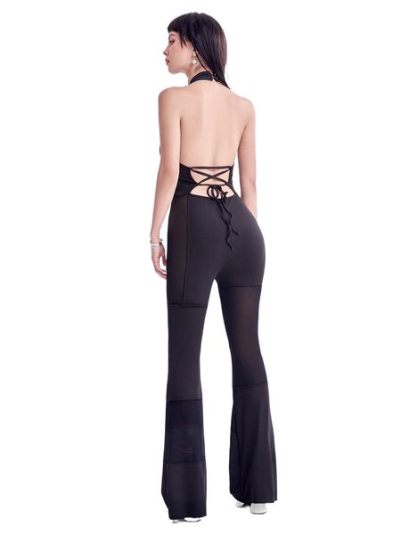 

mesh panel flared leg unitard 96pj#, Black;white