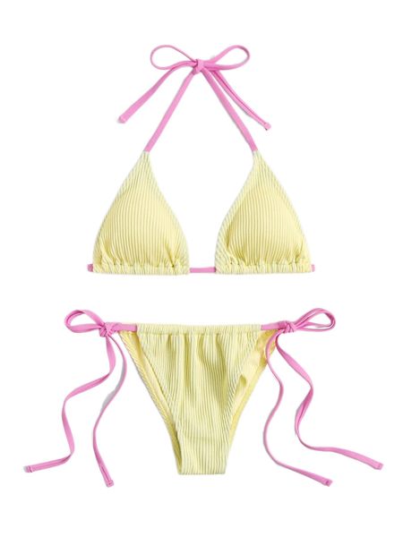 

ribbed triangle tie side bikini swimsuit 07qg#, White;black