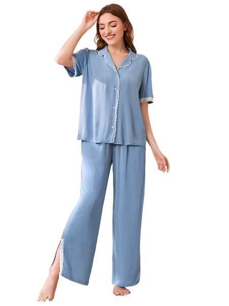 

contrast lace trim split hem pj set u174#, Black;red