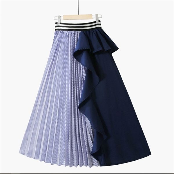 

lanmrem summer fashion women clothes thin striped elastic ruffles contrast colors a line halfbody skirt wg19005 lj200819, Black