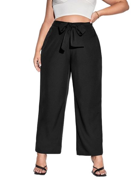 

plus high waist knot front wide leg pants g16t#, Black