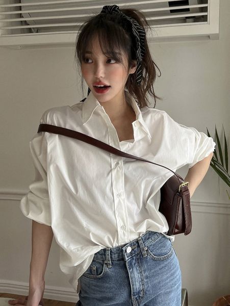 

dazy solid drop shoulder button up blouse w8b3#, White