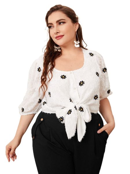 

plus 1pc floral embroidery lantern sleeve knot front fuzzy blouse g6ie#, Black