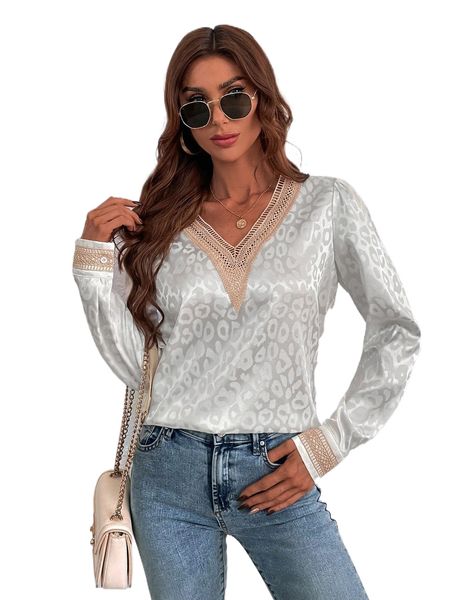 

leopard jacquard guipure lace satin blouse 73lg#, White