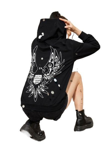 

x chen miaomiao eagle print drop shoulder hoodie o3pc#, Black