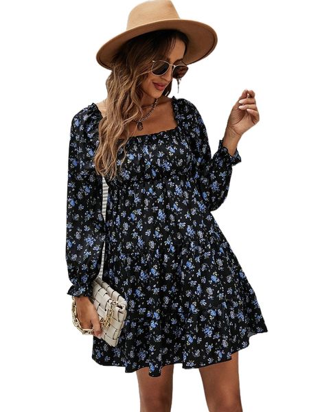 

floral print frill trim flounce sleeve ruffle hem dress 66ve#, Black;gray