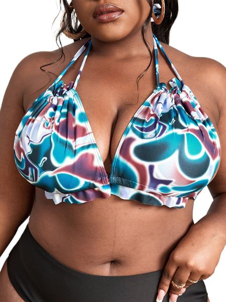 

plus allover print frilled halter triangle bikini f7qw#, Black