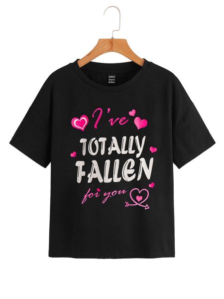 

slogan & heart print drop shoulder tee c76z#, White