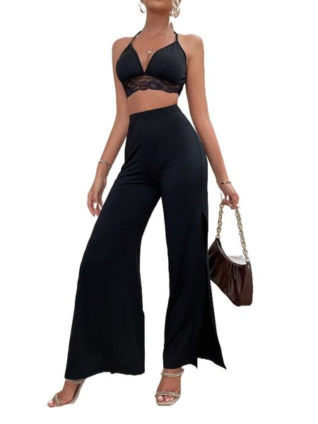 

tie back lace hem halter & split thigh wide leg pants k4p0#, White