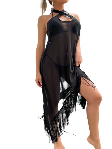 

fringe hem criss cross high neck cover up r1qd#, White;black