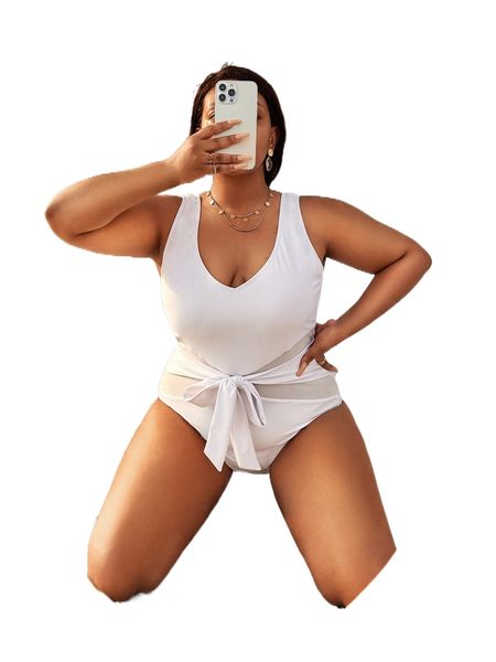 

plus contrast mesh knot one piece swimsuit w2bx#, White;black