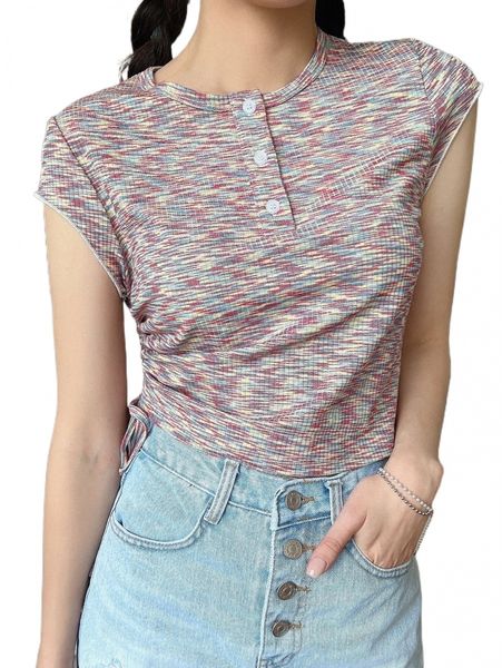 

dazy space dye drawstring side half button tee h5ro#, White