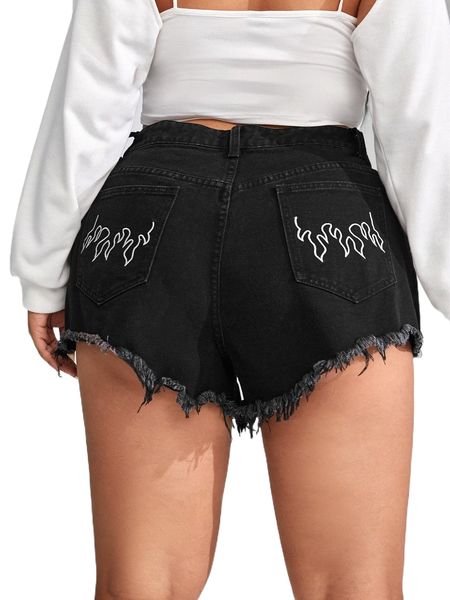 

plus high waist fire embroidered ripped raw trim denim shorts n5q7#, White;black