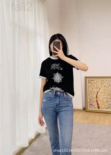 

women's t-shirt designer 2022 spring new color contrast embroidery round neck short sleeve t-shirt women's loose casual versatile, White