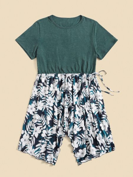 

plus 1pc tropical print tie side asymmetrical hem dress j6ua#, Black