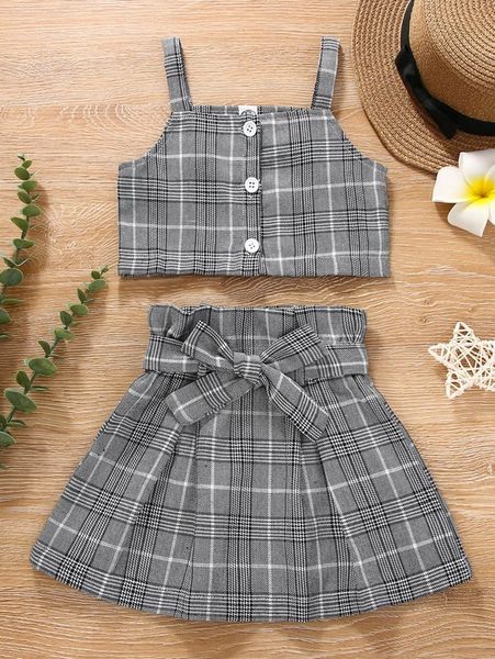 

little girl's checked suspender and paper bag waist belt skirt she, White