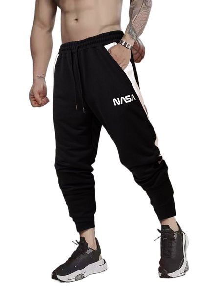 

men letter graphic colorblock drawstring waist sweatpants w7bu#, Black