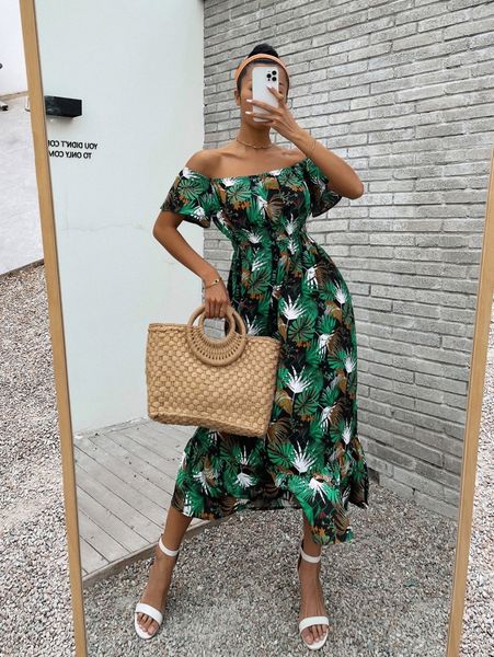 

plants print off shoulder dress m1ix#, Black;gray