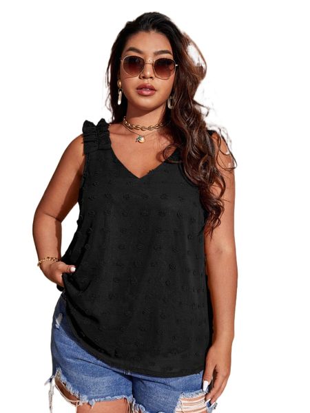 

swiss dot ruffle trim sleeveless blouse 68at#, Black