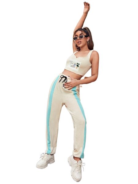 

x ebib figure graphic crop tank & colorblock joggers set b01l#, White