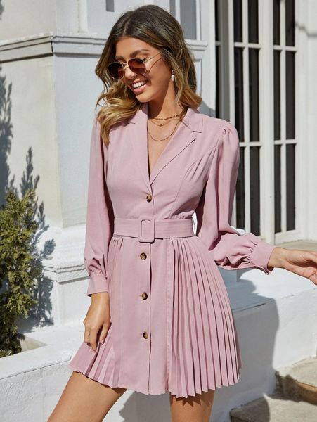 

button through belted pleated hem dress f7mz#, Black;gray