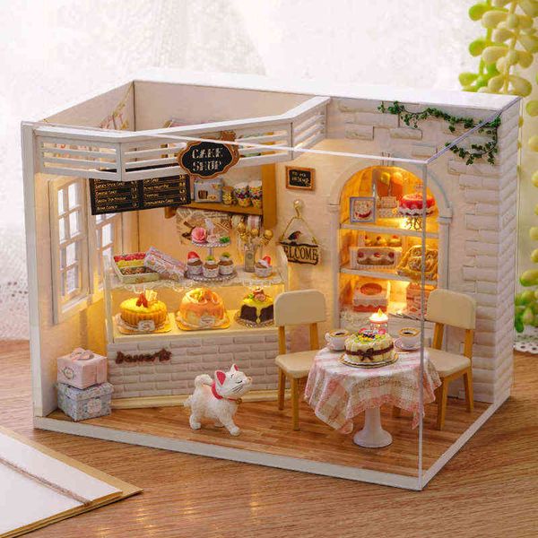 

doll house with dust cover dollhouse miniature handmade casa de boneca diy toys for children birthday gifts cat cake diary h014 aa220325