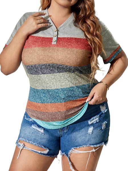 

plus colorblock half button tee x787#, Black