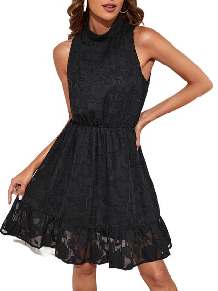 

jacquard mock neck ruffle hem dress a0kj#, Black;gray