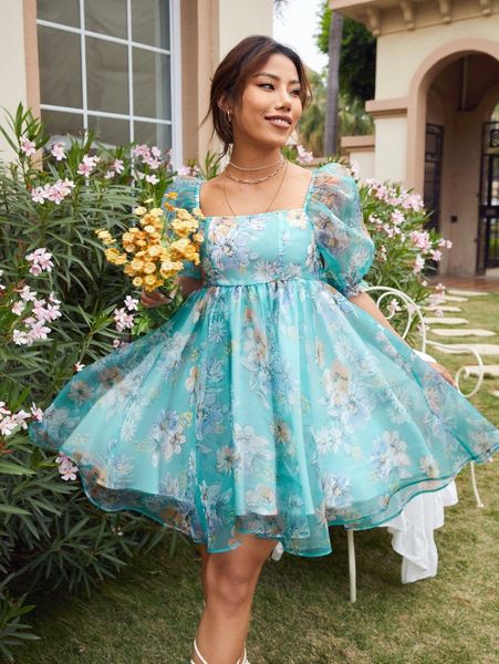 

floral square neck puff sleeve organza dress n0ll#, Black;gray