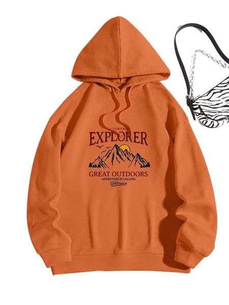 

mountain & slogan graphic drawstring thermal hoodie g63s#, Black