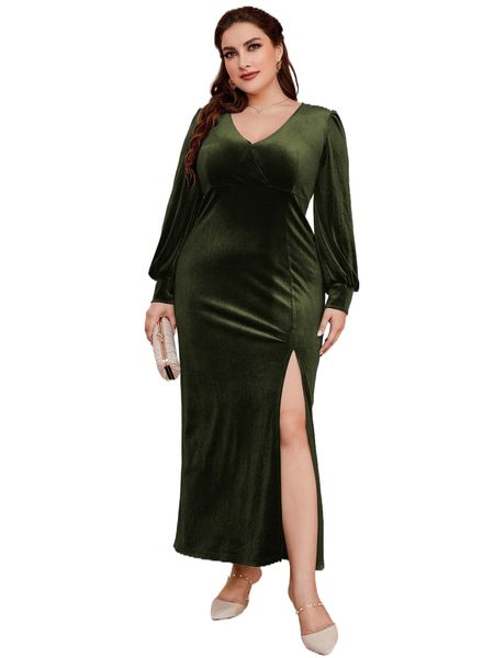 

plus lantern sleeve split thigh velvet prom dress x1w3#, Black