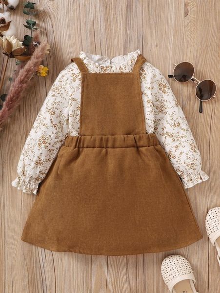 

toddler girls ditsy floral print flounce sleeve & overall dress she, White