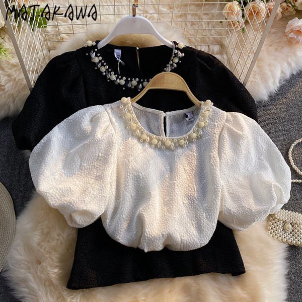 

shortsleeved chiffon shirt summer beaded blusas round neck women shirts blouses lantern sleeve loose short 210506, White