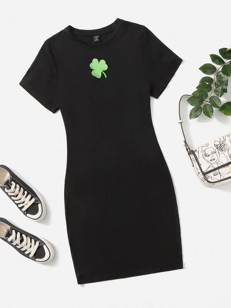 

plus clover embroidery bodycon dress z5ql#, Black