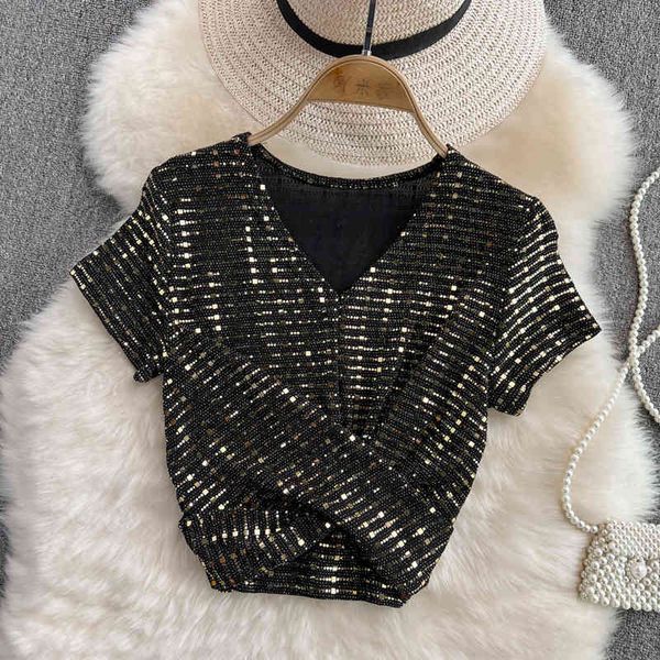 

women's t-shirt shiny silk t-shirt women's summer fashion slim fitting v-neck small shirt foreign style wrinkled thin versatile sh, White