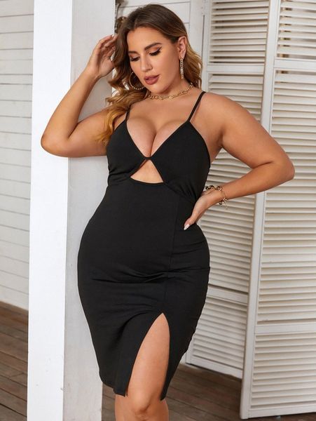 

plus cut out slit hem bodycon dress t2cs#, Black
