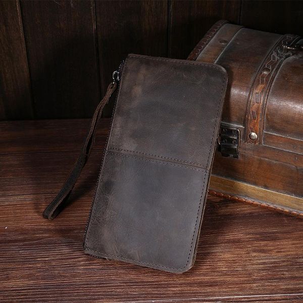 Carteiras de luxo masculino de couro genuíno com zíper longa bolsa vintage cor pura para homens bolsas de embreagem bolsas de café